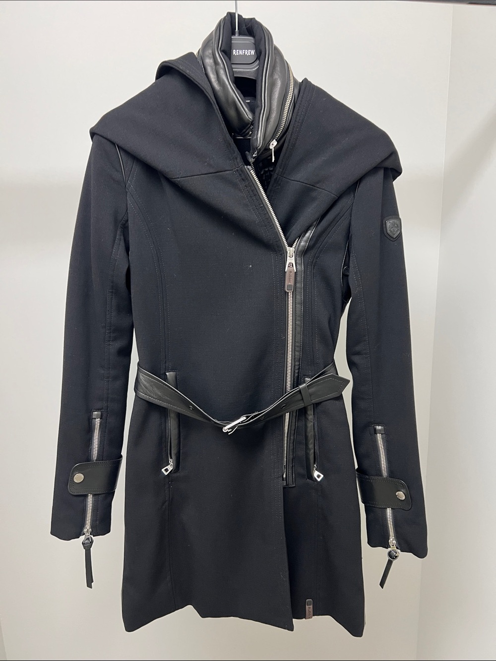 RUDSAK Black Asymmetrical Zip Pea Coat with Leather Trim